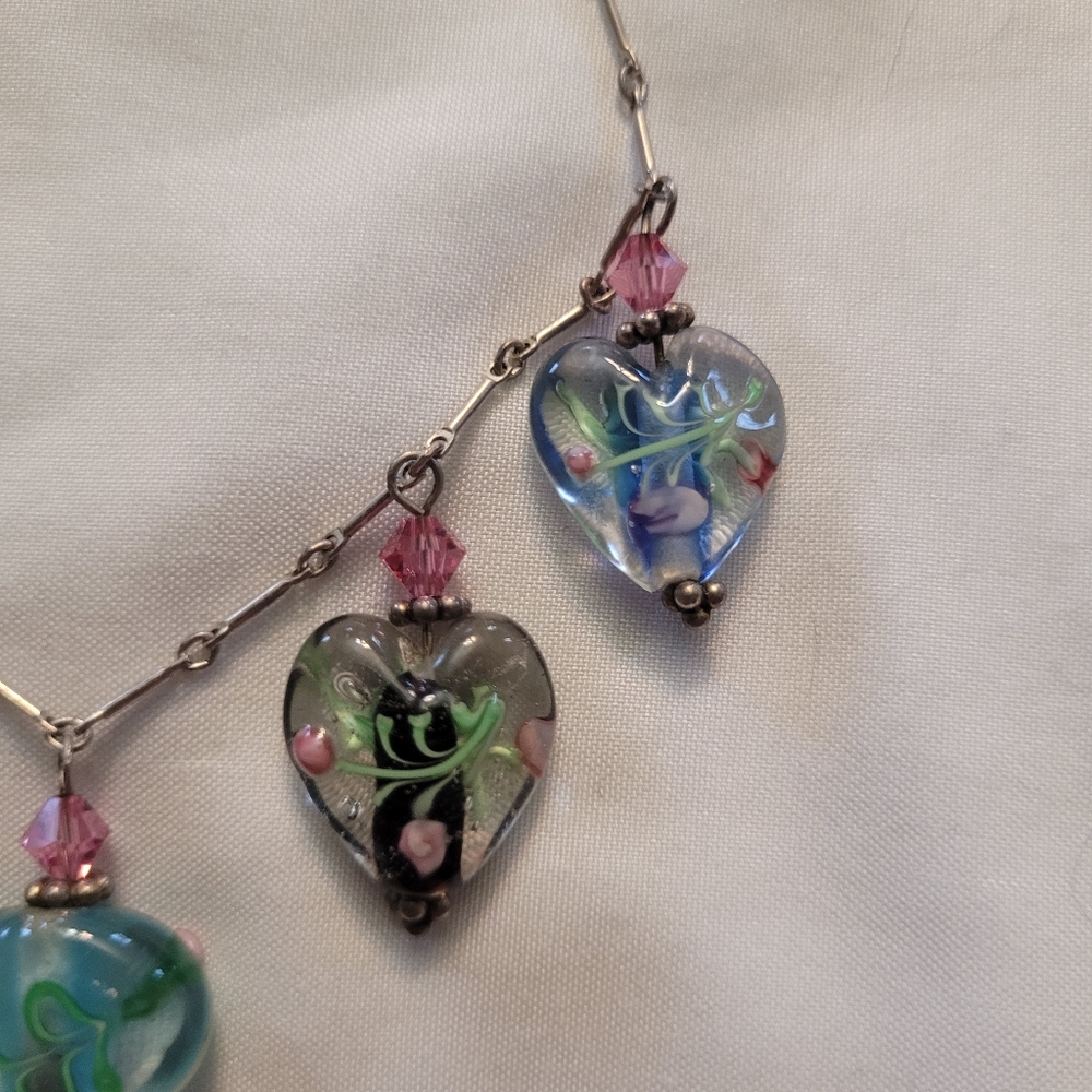 Vintage Sterling Venetian Murano Lampwork Heart Bead 925 Silver Charm Necklace - Picture 9 of 11